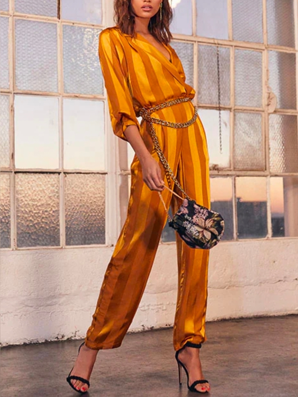 $328 House of Harlow 1960 X Revolve Margot Chiffon Satin Striped Jumpsuit L